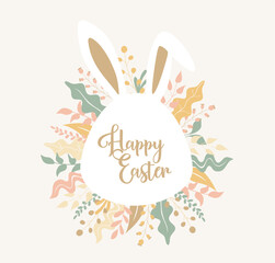 Easter bunny face with typography  happy Easter.  Flower, plant design around it in pastel colours. Happy Easter banner, poster, post greeting card.
