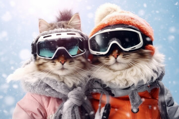 cat couple posing with ski equipment