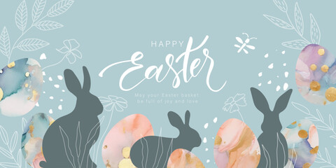 Happy Easter banner. Design with beautiful painted eggs, rabbits, various spring plants, golden splashes and handwritten inscription. Vector illustration.