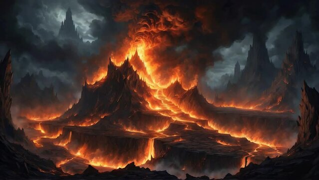 Animation of a view of a Terrifying hell realm full of burning rocks. ai generative