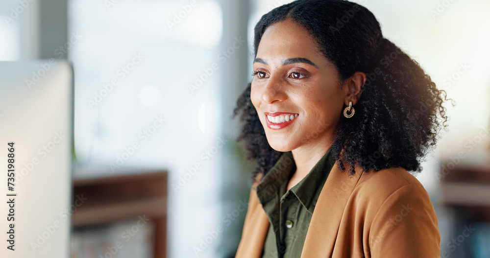 Poster girl at computer in office, thinking and reading email report, feedback review or article at digital