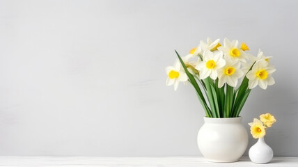 Spring composition of a bouquet of flowers in a vase of daffodils, with copy space on a white background
