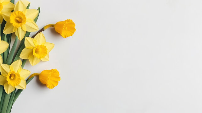 Spring composition of flowers daffodil bouquet, top view with space for copy space white background