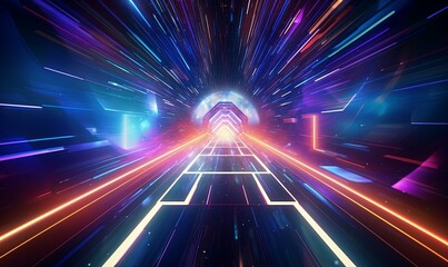 Fototapeta na wymiar Digital neon hyperjump tunnel background. Cyber blank glowing 3d road with laser code and lines for dynamic competition and movement