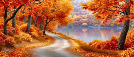 Tuinposter Baksteen Autumn scenery with vibrant trees and falling leaves, painting a picturesque landscape that embodies the essence of the season
