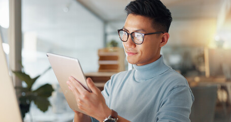 Asian man with tablet, glasses and reflection, thinking and reading email, review or article at startup. Internet, research and businessman with digital app for with networking, social media or web.