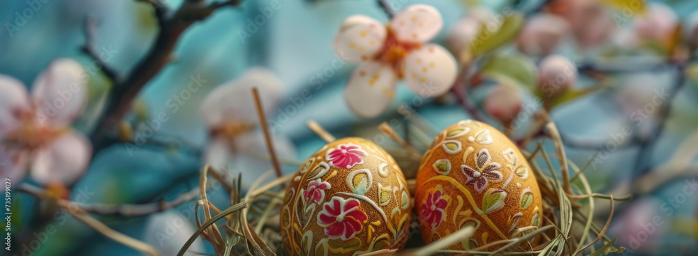 Aufkleber two decorated eggs sitting in a nest on a tree. perfect for easter or spring-themed designs