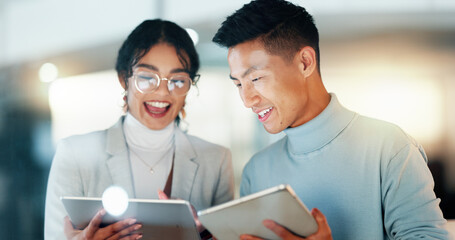 Friends, collaboration and happy with work on tablet, technology and digital transformation for...