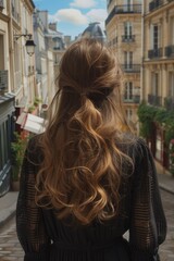 Fashionable woman with flowing hair on a city background