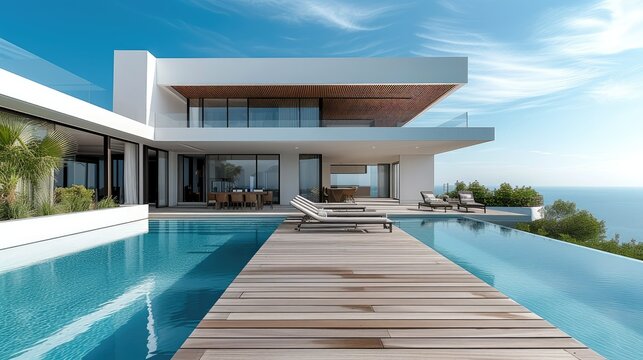 Luxury Island home, minimalist architectural style, wood deck with infinity pool, slatted wood pergola. Generative AI.