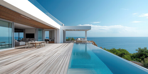 Luxury Island home, minimalist architectural style, wood deck with infinity pool, slatted wood pergola. Generative AI.