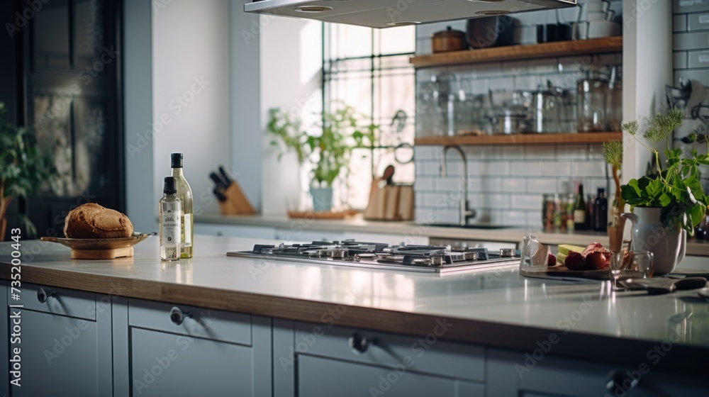 Poster A simple and elegant image of a kitchen counter with a bottle of wine. This versatile picture can be used for various purposes