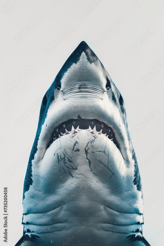 Poster a close-up view of a shark with its mouth wide open. perfect for illustrating the fierce and powerfu