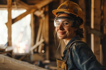 Portrait of a Confident Female Carpenter Smiling at Construction Site