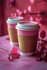 Two paper cups of coffee with pink flowers on a pink background