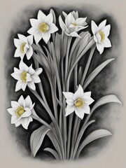 Spring daffodil bouquet. A4 printable coloring book page. Hand-drawn illustration . All elements are isolated and editable.