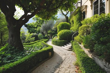 Luxurious Villa Backyard: Stone Path and Lush Greenery