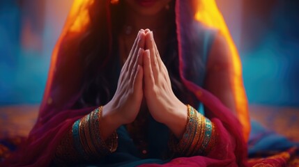 A woman sitting on a bed with her hands folded in prayer. This image can be used to depict spirituality, meditation, and seeking solace