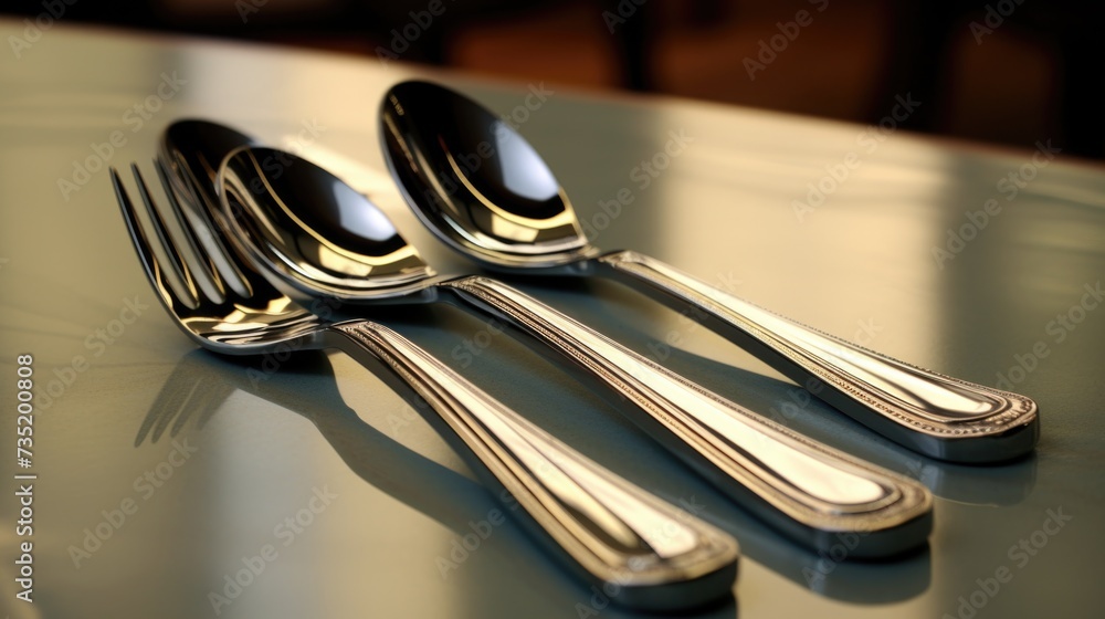 Poster silver spoons arranged on a table. suitable for kitchenware and dining concepts