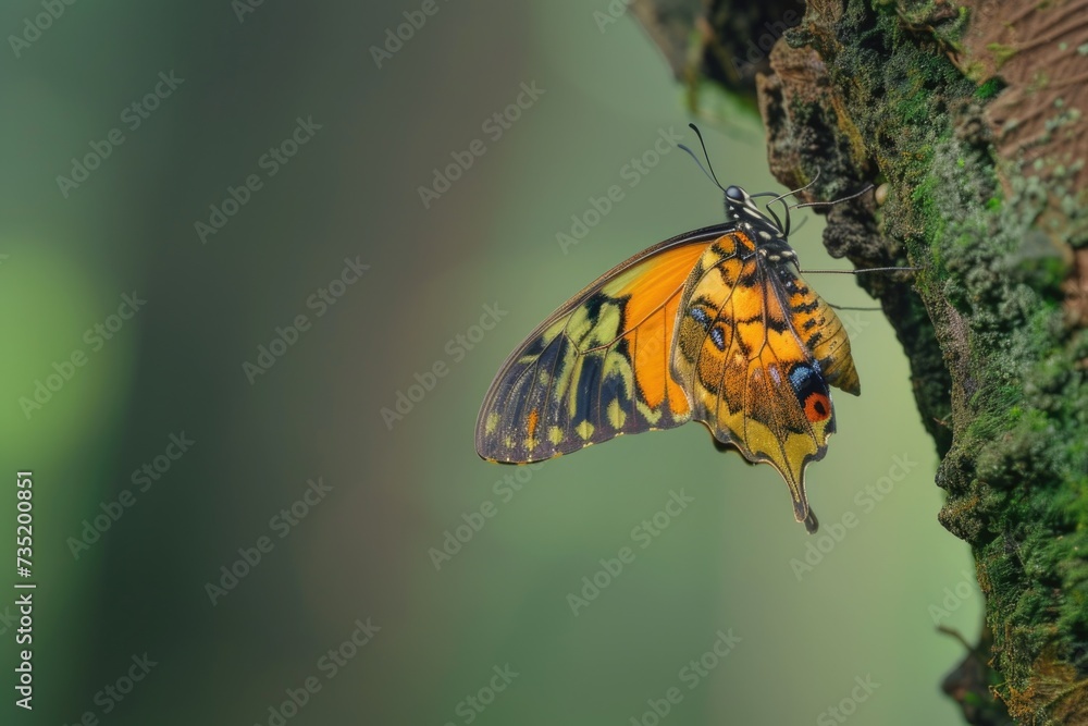 Poster A close-up view of a butterfly perched on a tree. This image can be used to showcase the beauty of nature and the intricate details of butterflies