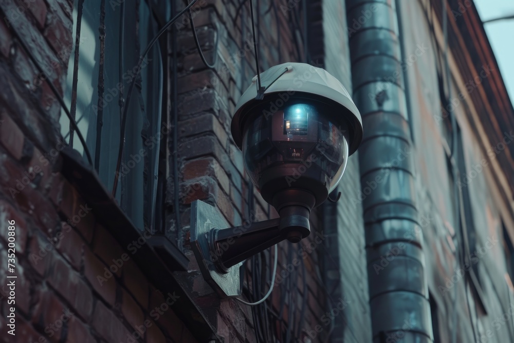Poster a camera is mounted to the side of a brick building. this image can be used to depict surveillance, 
