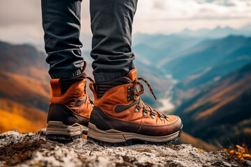 Close up to leather hiking boots hiking in the mountains. Generative AI