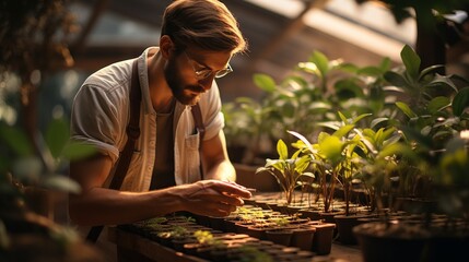 Naklejka na ściany i meble A Man Observing Plants in a Greenhouse