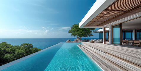 Luxury Island home, minimalist architectural style, wood deck with infinity pool, slatted wood pergola. Generative AI.