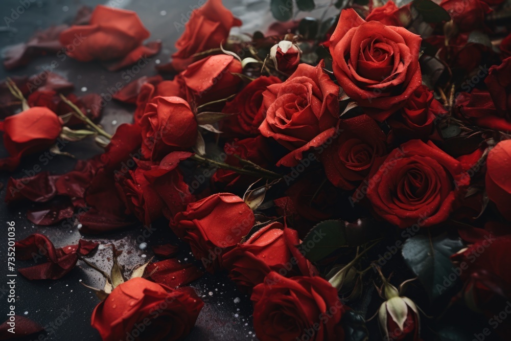 Poster a bunch of red roses sitting on top of a table. perfect for adding a touch of elegance and romance t