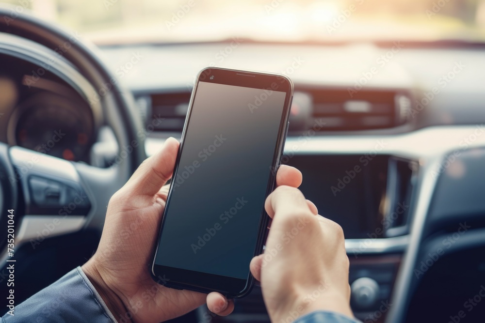 Poster A person holding a smartphone while sitting in a car. Perfect for illustrating modern technology usage while on the go
