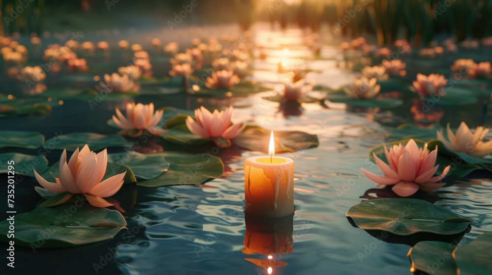Poster A peaceful image of a lit candle gently floating on top of a body of water. Perfect for creating a calming ambiance or symbolizing tranquility in various design projects
