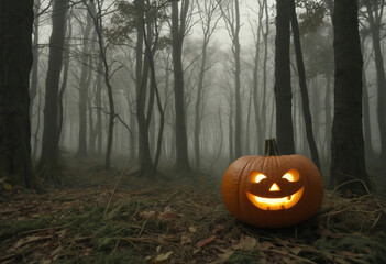Spooky Jack-o'-lantern in dark autumn woods