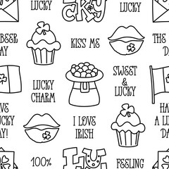St Patricks day doodle style seamless pattern in black and white, hand-drawn icons background, cute Irish holiday symbols and elements collection.