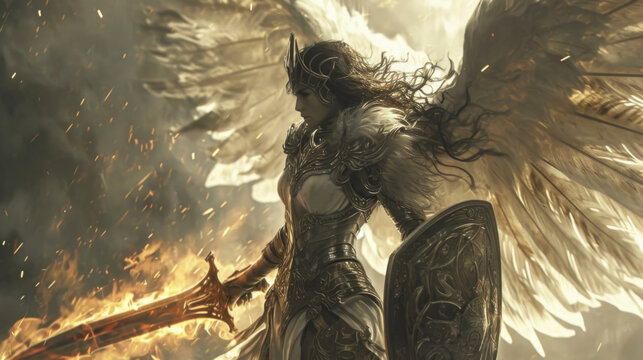A Valkyrie is depicted with a shield in one hand and a fiery sword in the other her determined expression exuding strength and power.