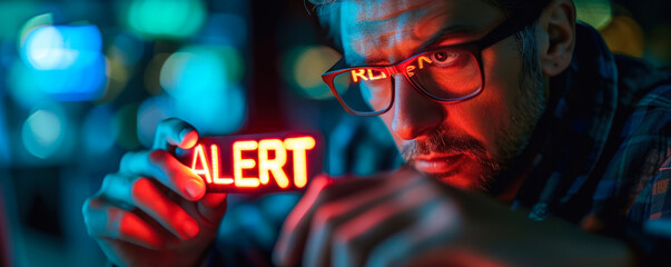 Intense man in glasses holds an 'ALERT' sign with a reflective red glow, signifying urgency, danger, or a critical message in a digital or cybersecurity context