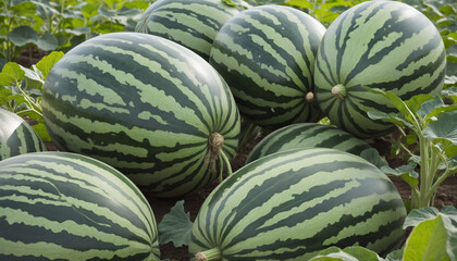 Harvesting mature watermelons in the green field, with a blurred background depicting nature and farming 