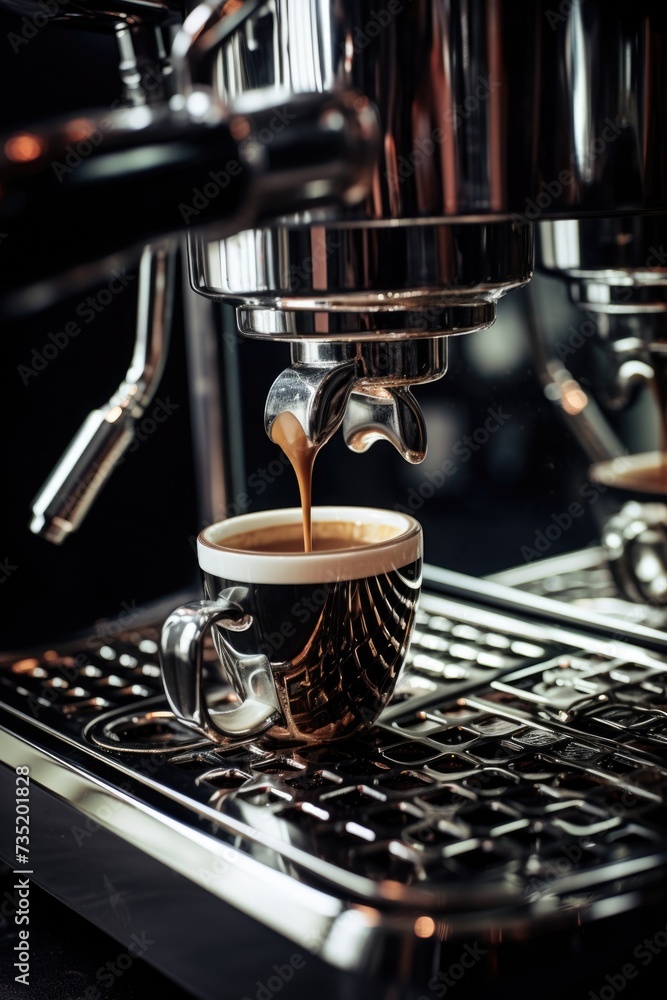 Poster a cup of coffee being poured into a coffee machine. this image can be used to depict the process of 