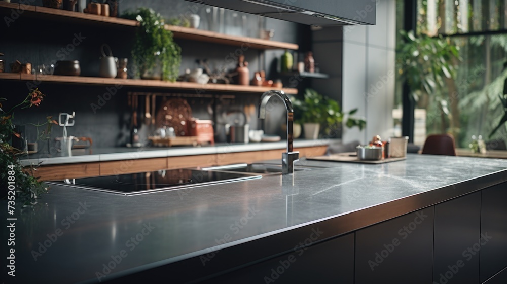 Poster a kitchen counter featuring a sink and a window, perfect for adding natural light to your cooking sp