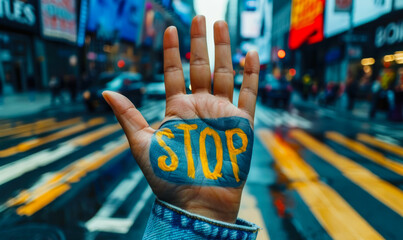 Powerful message of resistance and boundary setting with STOP written on a woman's palm, facing the camera against a blurred background
