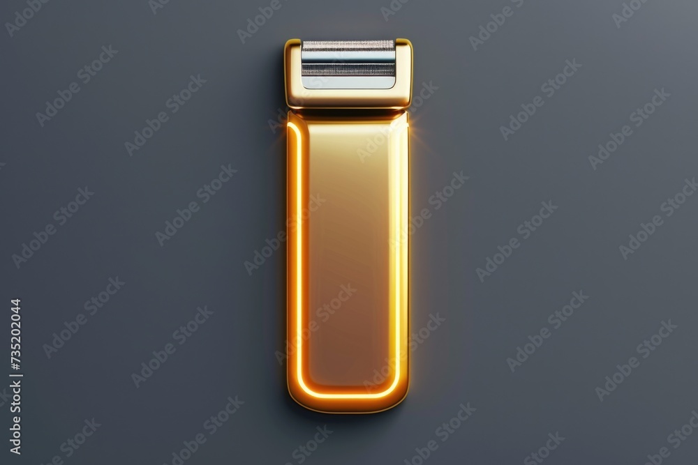 Poster a golden razor placed on a simple gray background. suitable for various personal grooming and hygien