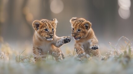 Two young lion cubs frolicking together in the grass, their joyful antics capturing the exuberance and innocence of youth in the animal world. - obrazy, fototapety, plakaty