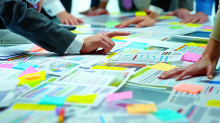Fototapeta premium top view of a busy work table during a team meeting, with hands of diverse people working with colorful sticky notes