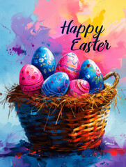 Festive Happy Easter greeting with a vibrant assortment of decorated eggs in a basket, surrounded by pastel colors and springtime cheer