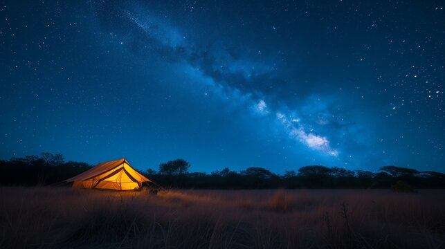 Capture the magic of sleeping under the star. a tent pitched in an open field, night sky