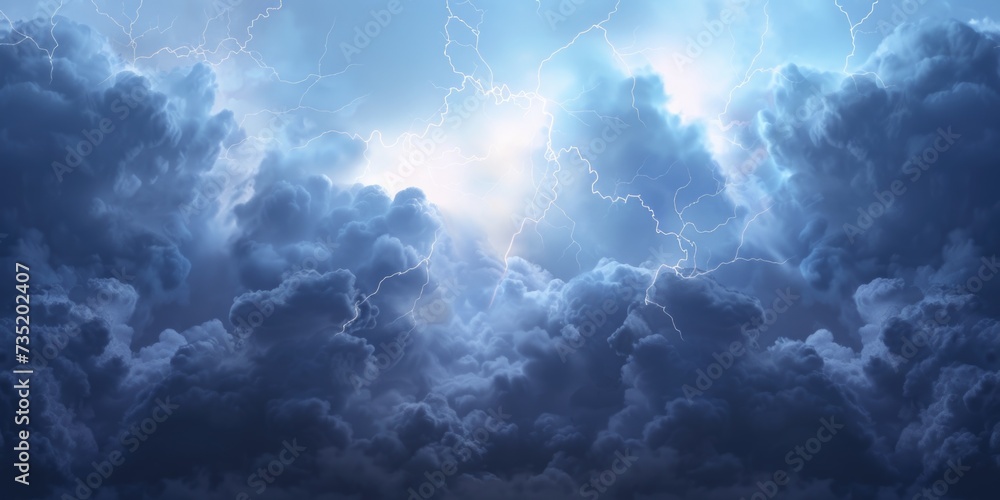 Poster A dramatic image of a sky filled with dark clouds and lightning. Perfect for illustrating stormy weather or adding an ominous atmosphere to a project