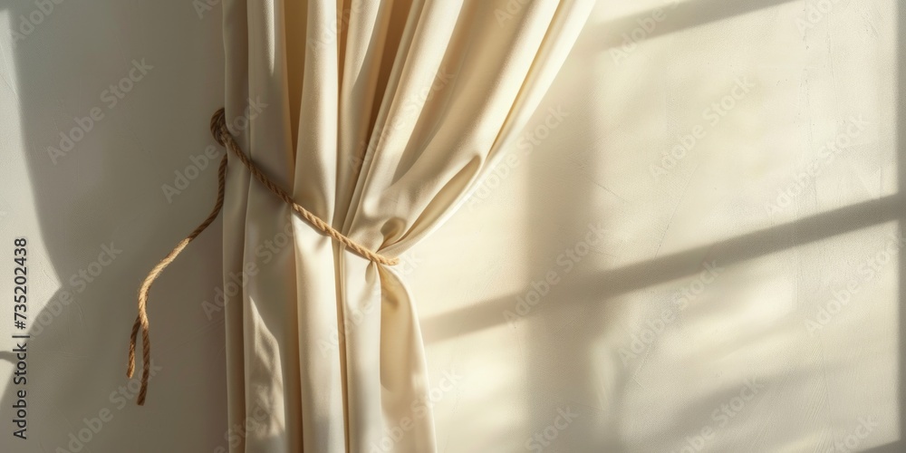 Poster a curtain hanging on a wall next to a window. can be used to add a touch of elegance to any room