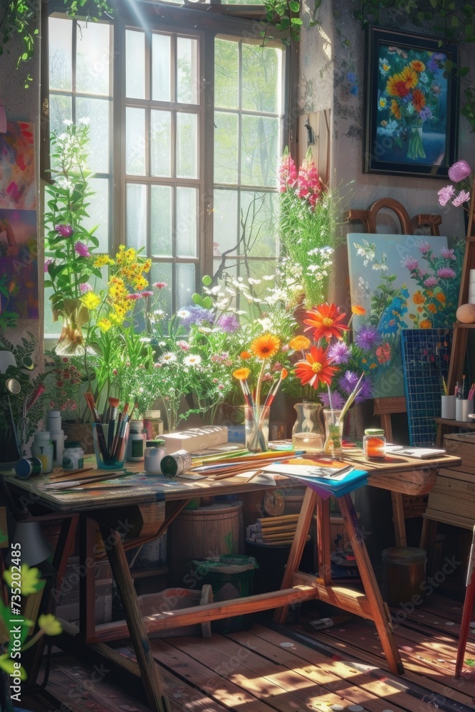 Poster a vibrant painting studio adorned with an abundance of colorful flowers. perfect for capturing the e