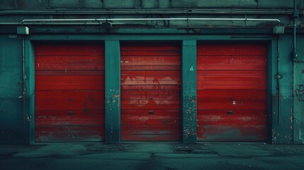 Two red garage doors covered in graffiti. Perfect for urban or street art themes
