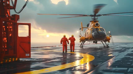 Foto op Canvas The helicopter landing at oil rig platform © PaulShlykov