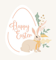 Easter bunny with flower design and easter egg in pastel colours. Happy Easter banner, poster, post greeting card. Delicate falt design.
